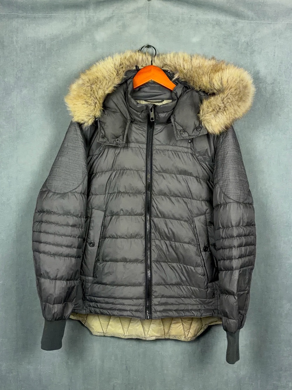 Jet Lag Down Puffer Jacket Mens Size XL Grey Faux Fur Hooded Parka Winter